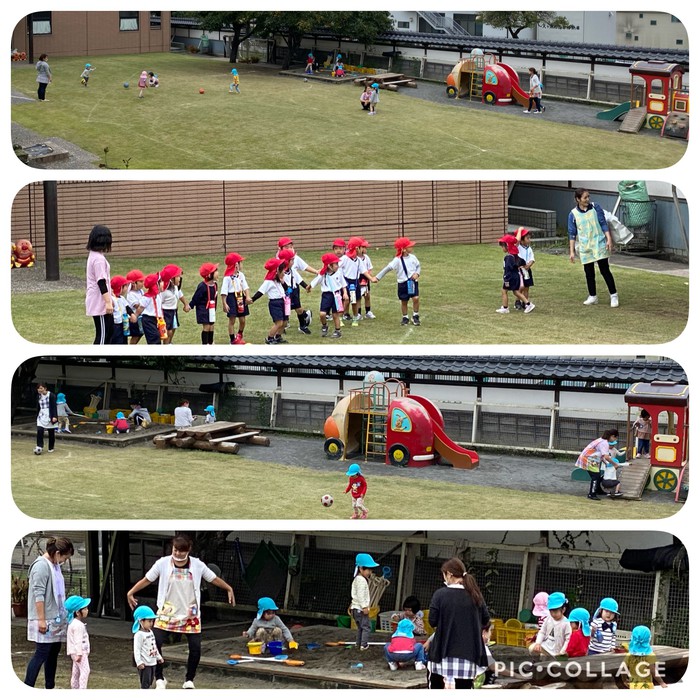 園庭で遊んでいたらお兄さんお姉さんたちが帰ってきたよー 