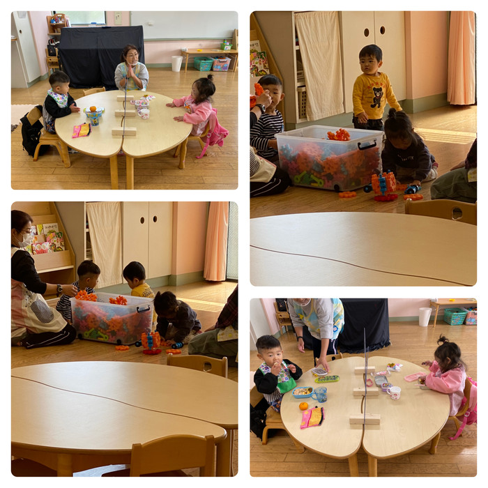 1歳さんたちはひと足早くお外で遊び、お部屋のおもちゃもお片づけをして美雪先生とお昼ごはんです。おててをあわせていただきますをするまで待てるようになりました！
