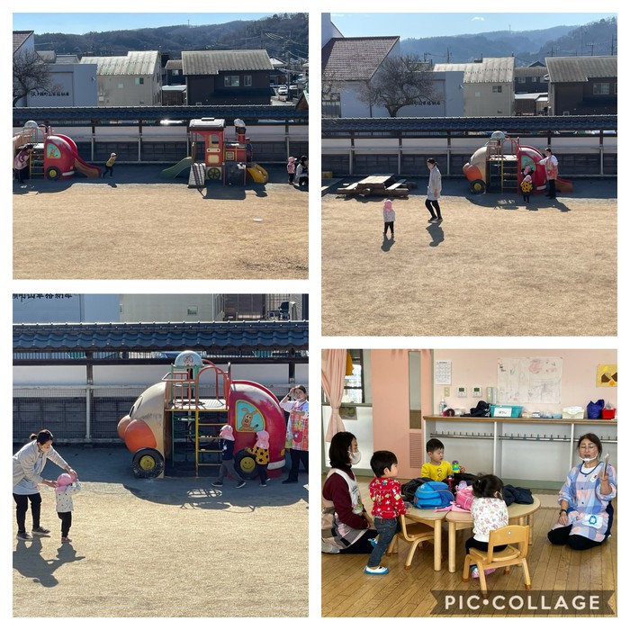 1歳児さんたちもお外でたくさん遊んでいますよ