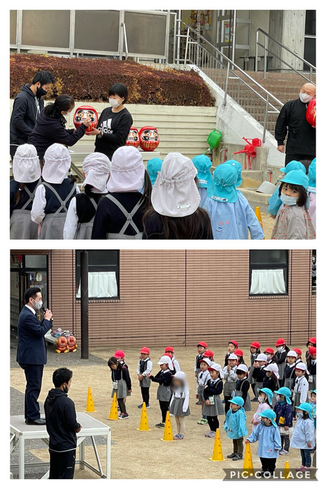 年中組もだるまさんに目が入りました スーツ姿で子どもたちにご挨拶をしているのは18日から幼稚園に来てくれる調理師の良介先生です。ルンビニ園で美味しい給食を作ってくれます。