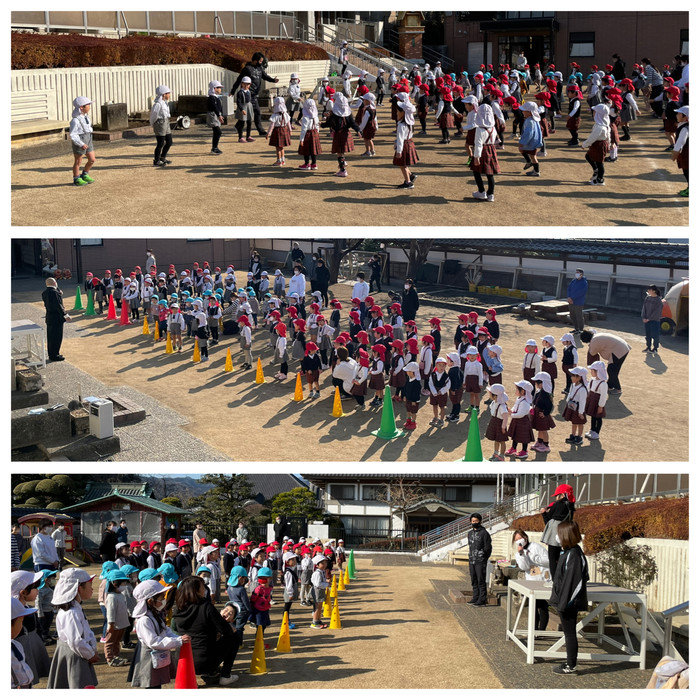 外朝礼では年長さんが前に並んでちびっこ先生をやってくれました。