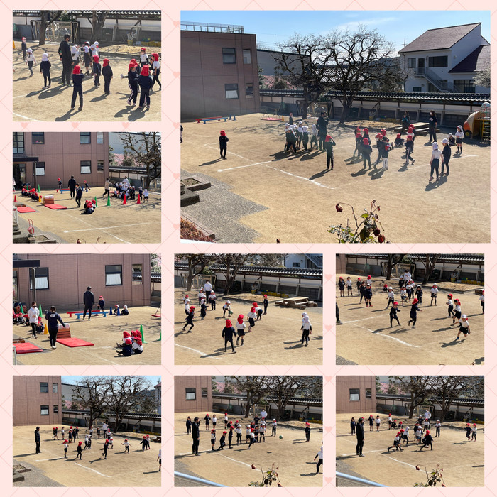 足をチョキにして、力をためて、相手をめがけて両手で投げるドッチボールやサーキットの正課体育指導の様子です