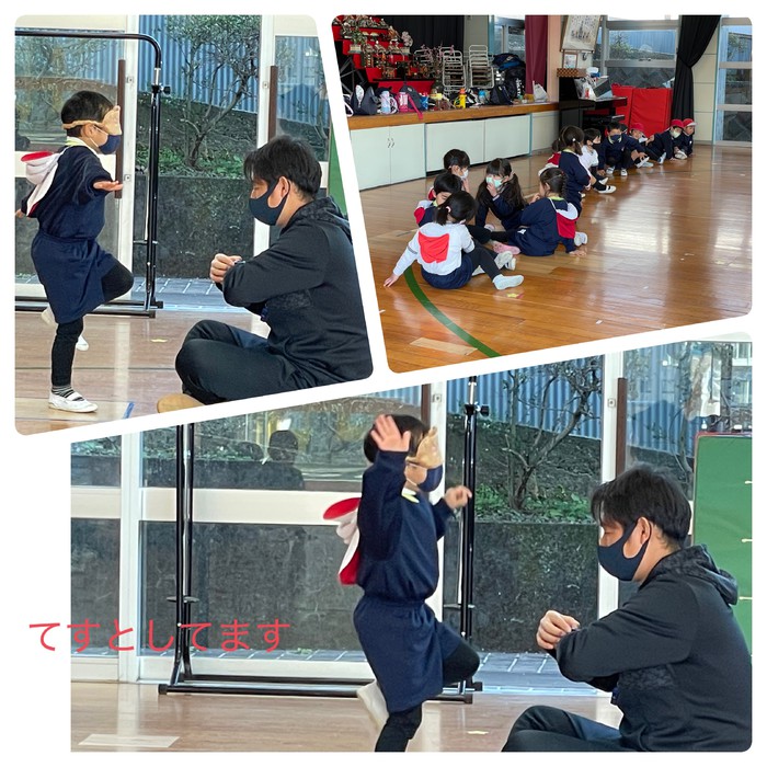 課外スポーツクラブではパワーテストの真っ最中でした。目隠しして片足立ちで何秒立てるかな？運動の基本、両足跳びも飛距離を測定してもらってました！