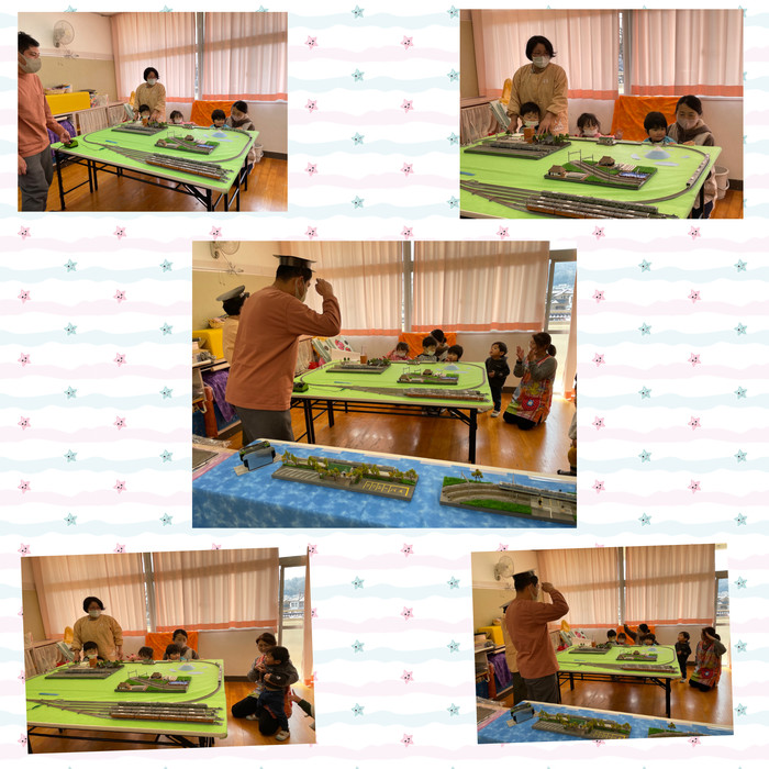 プレのみんなと運転手さんの小林さん、車掌さんの遠藤先生。触らないで見るだけのお約束が守れました！