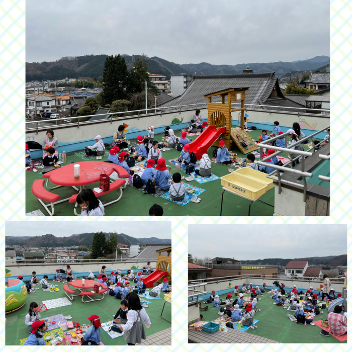 屋上お弁当会 みんなで食べる最後の日だったね。おうちえんもみてくださいね。