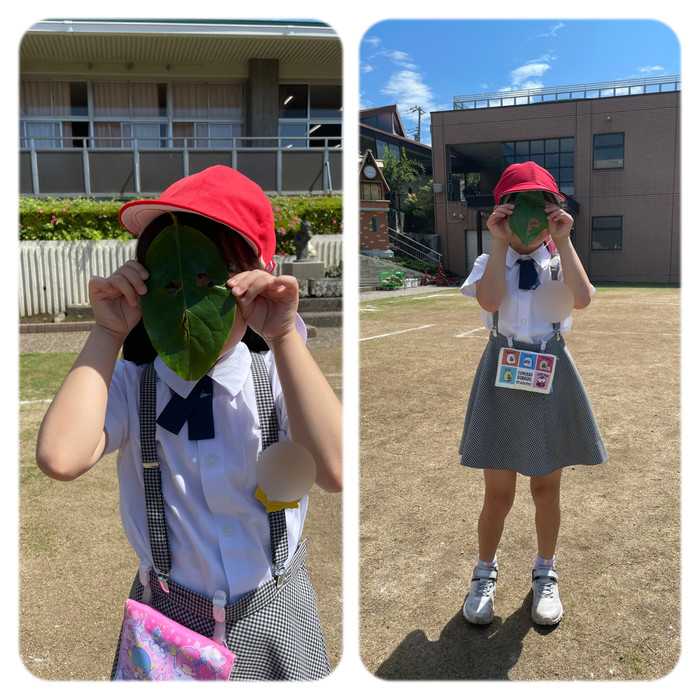 柿さんに葉っぱを一枚分けてもらってお面を作ったよ 